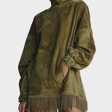 Abito in Fausz Suede con Collo Alto e Frange