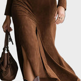 Retro-Western-Stil Kragen aus Kunstsuede, Midi mit Schlitz