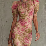 Leonie | Maxikleid mit Stampa rosa Vintage und Puffärmel