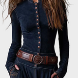 Helena - Maxikleid aus navyblauem Wildleder mit Gürtel